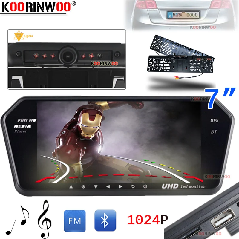 Koorinwoo Wireless European License Dynamic Trajectory Camera Rear view IR Night Vision with 7 Inch Car Monitor Mirror Bluetooth |