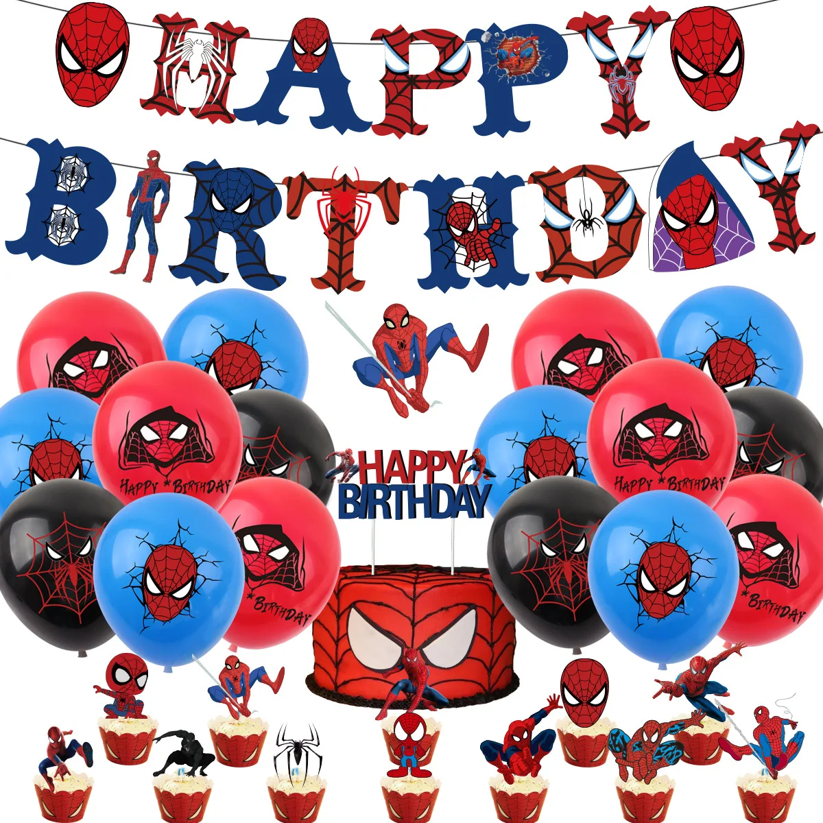 Spiderman Theme Party Decoration Package Superhero Pull Flag Balloon Cake Row Supplies Boy Children Birthday Balloons Kids Toy | Дом и сад