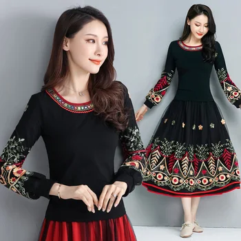 

KYQIAO camiseta mujer women tops autumn spring Mexico style plus size ethnic long sleeve black embroidery t shirt tee