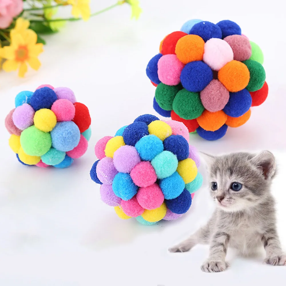

Three size plush Bouncy Ball Pet Cat Toy Colorful Handmade Bells Built-In Catnip Interactive Toy Cat nature Mice Animal Toys