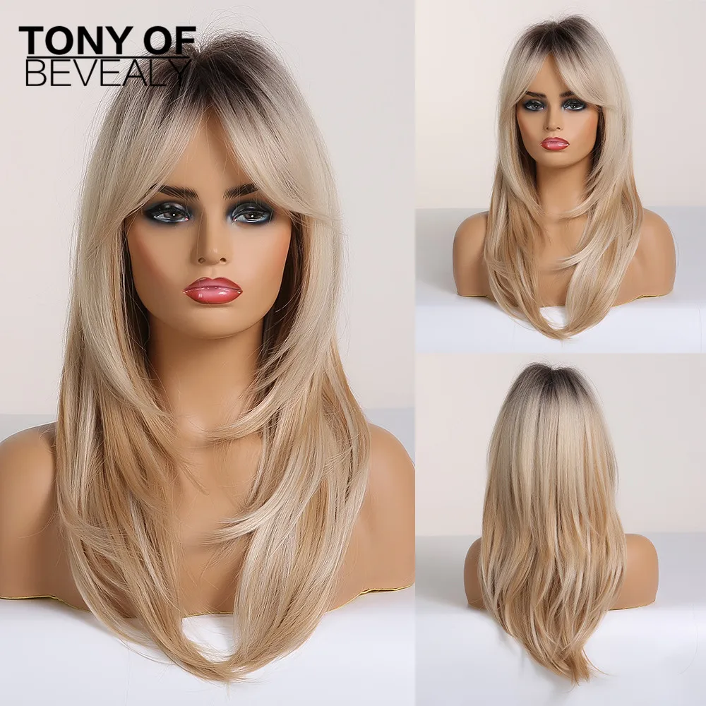 

Long Wavy Layered Brown to Blonde Ombre Hair Wigs With Bangs Heat Resistant Synthetic Wigs For Women Afro Cosplay Natural Wigs