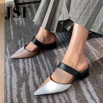 

JSI High-quality Leather Sandals Fashion Hedging Color-Blocked Pointed Shoes Comfortable Square High-heeled Women's Sandals JL36