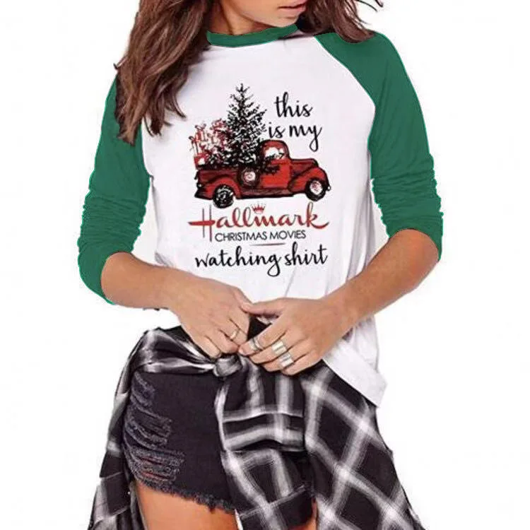 Футболки с эмблемой рождественской елки, женские футболки, Лидер продаж, футболки с буквенным принтом This is my Hallmark Christmas Movies Watching T shirts Car