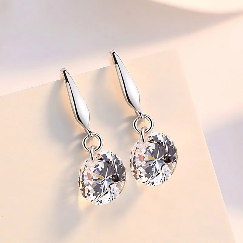 

Luxury Female Small Round Drop Earrings Crystal White Zircon Long Dangle Earring 925 Silver Wedding Jewelry Valentine's Day Gift