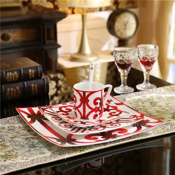 

Model room red iron window Elmers bone china tableware five piece set table Western tableware setting table Western Restaurant