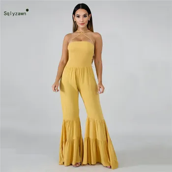 

Pleated Flare wide leg Pants Rompers Women Sexy Lace Up Spaghetti Strap Palazzo Jumpsuit Yellow Pink Sweet Elegant Beach Overall