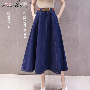 

New A-line Denim Skirt Women High Waist Long Skirt Jeans Summer Clothes For Women Female No Sashes faldas largas mujer B02002B