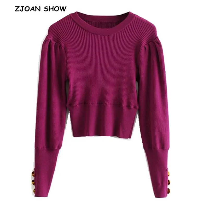 

2019 Round Collar Lantern Sleeve Ribbed Autumn Sweater Woman Retro Slim High Waist Striped Line Pullover Jumper kleding jerseis