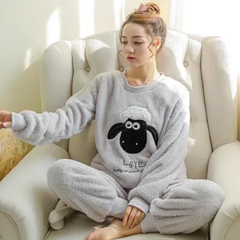 Pijama de invierno de franela para mujer, ropa de dormir de oveja, con estampado de plantas y Lingere, de talla grande, 2 piezas