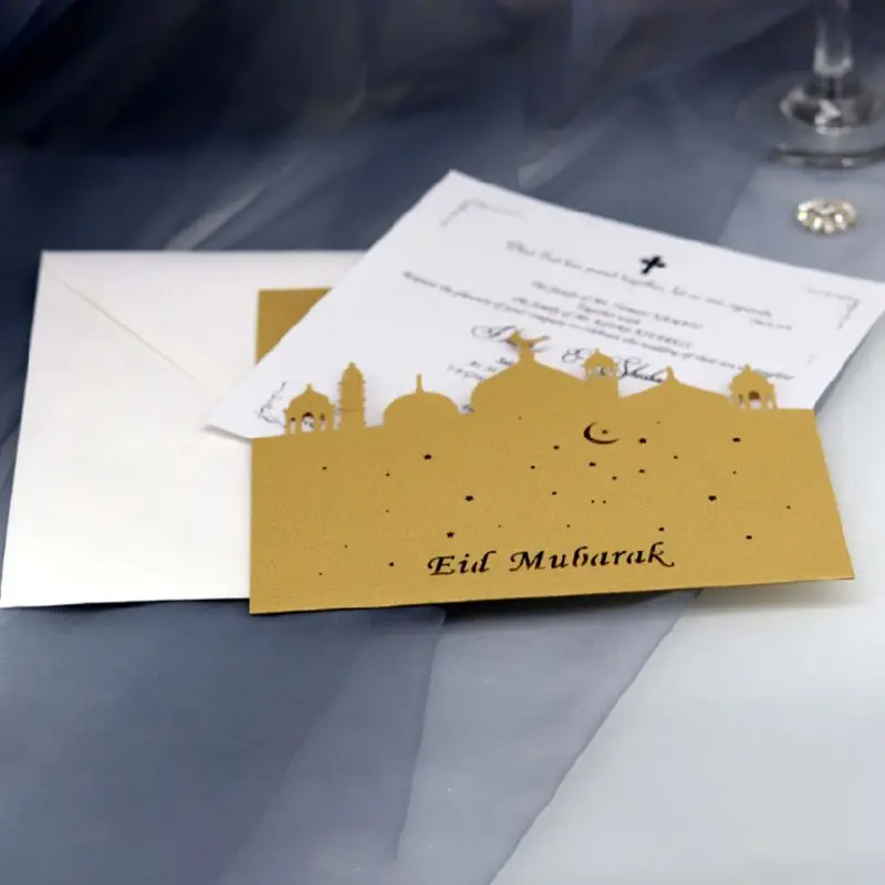 

10 Set Laser Cut Eid Mubarak Wedding Party Invitation Cards Inner Envelope Ramadan Muslim Greeting Card
