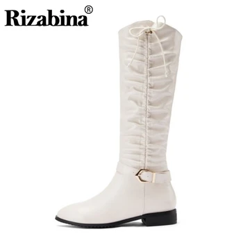 

RIZABINA Women Knee High Boots Pu Leather Solid Color Side Zipper Long Boots Winter Warm Buckle Women Footwear Size 34-40