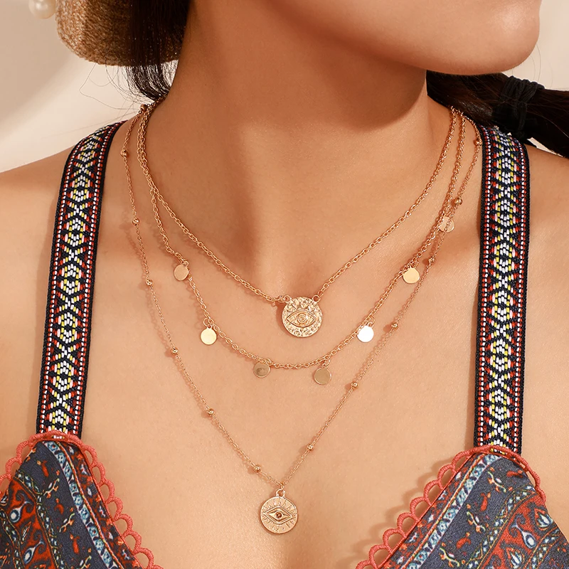 

docona Boho Gold Color Eye Wafer Multi Layer Necklace for Women Metal Geometric Pendant Necklace Party Jewelry Collares C15108