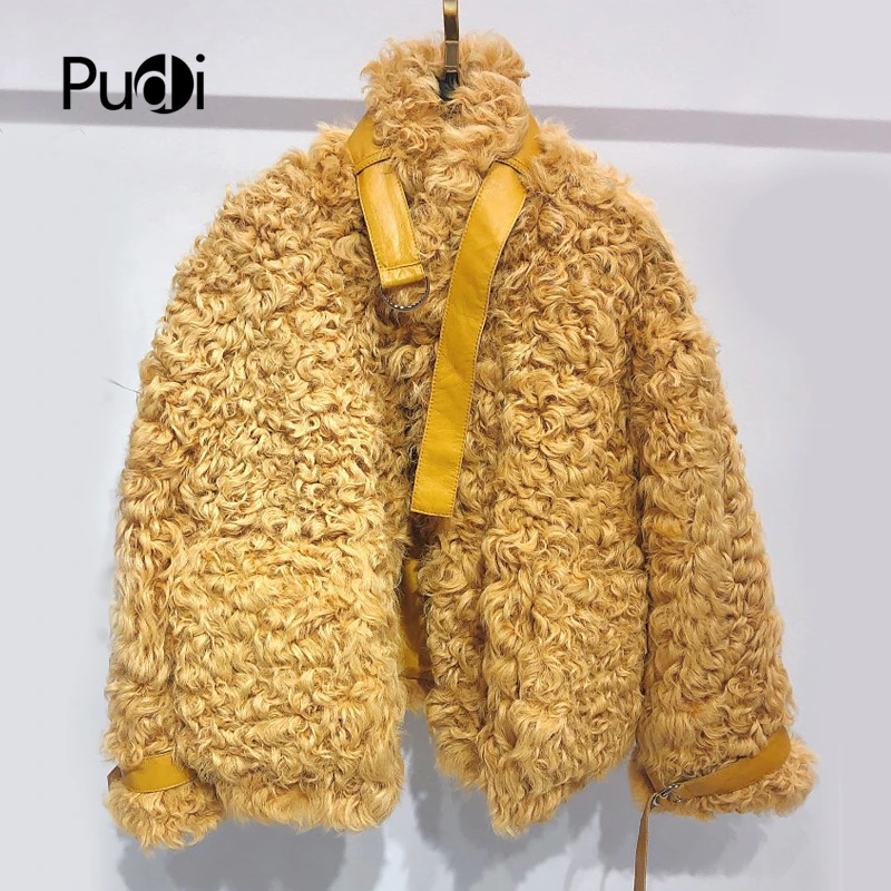 

Pudi TX223910 women winter casual 100% Real sheep fur coat jacket overcoat lady fashion genuine fur coat outwear