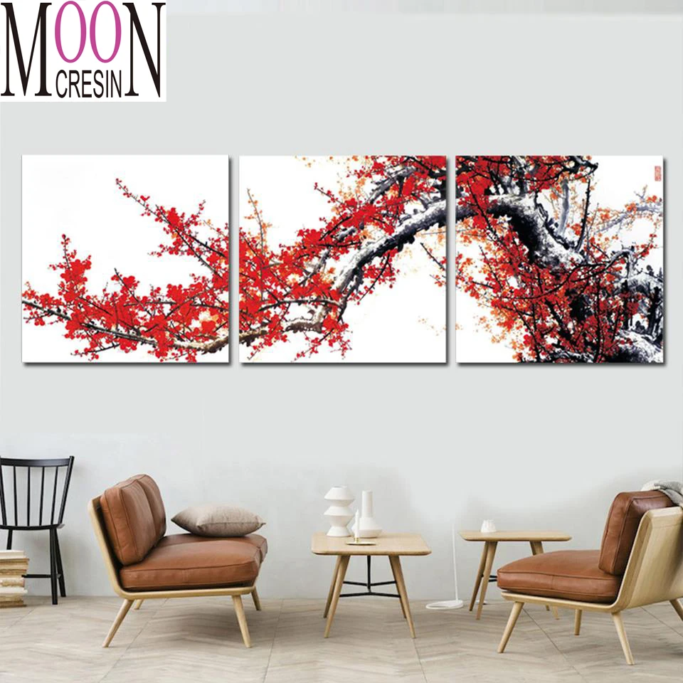 

Diy 5d Diamond mosaic Triptych Red Plum Blossom Flower Photo diamond painting full square round Diamond Embroidery sale decor