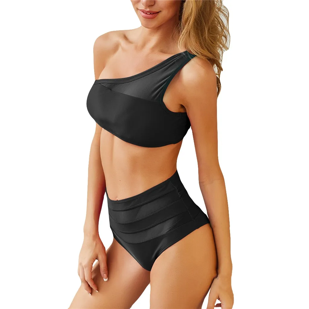 

Solid Swimsuits Womens Sexy Swimsuit Girl's Two Piece Womens High Waist Bikini Set Mesh One Shoulder Patchwork Swimsuit #15