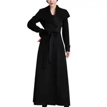 X-long черное двубортное шерстяное пальто для женщин с большим отворотом Зимняя мода с поясом, шерстяное пальто размера плюс 3XL