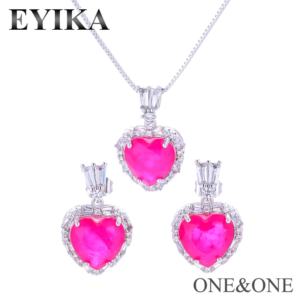 red-rhodium plated EYIKA Fusion камень Сердце Ювелирные наборы серьги-гвоздики и ожерелье зеленый/розовый красный/светильник Фиолетовый Модный кристалл ювелирные изделия для женщин - Окраска металла: red-rhodium plated