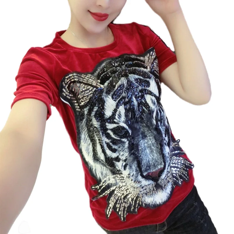 

Summer women gold velvet tshirt O-neck short sleeve Basic Bottoming Shirts Beading sexy T-shirts 2023 Casual Tops 4XL