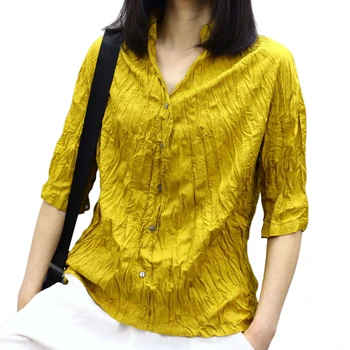 

Oversized Solid Pleated Women Shirts 2020 Summer New V-Neck Turn-Down Collar Long-Sleeved All Match Female Shirts Outwear Tops