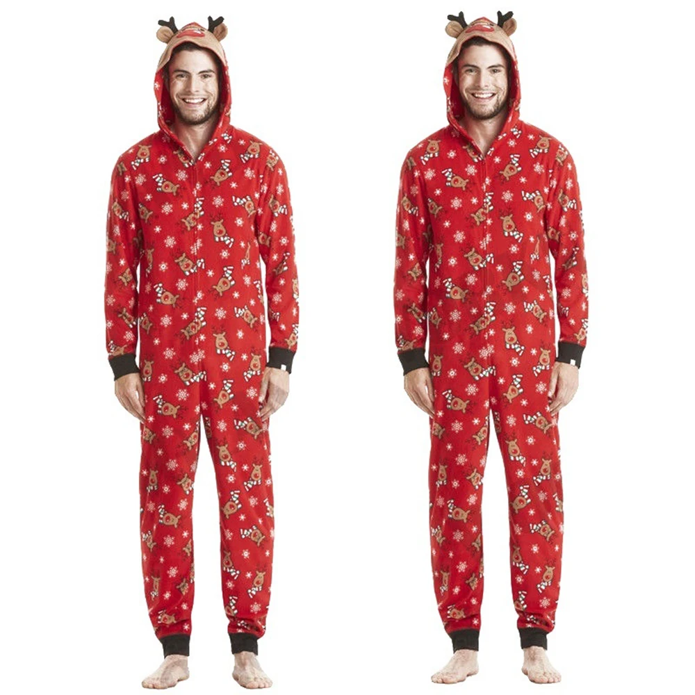 Family Matching Christmas Pajamas Set Elk Romper Jumpsuit Women Men Baby Kids Red Print Xmas Sleepwear Nightwear Hooded Zipper Outfits (4)
