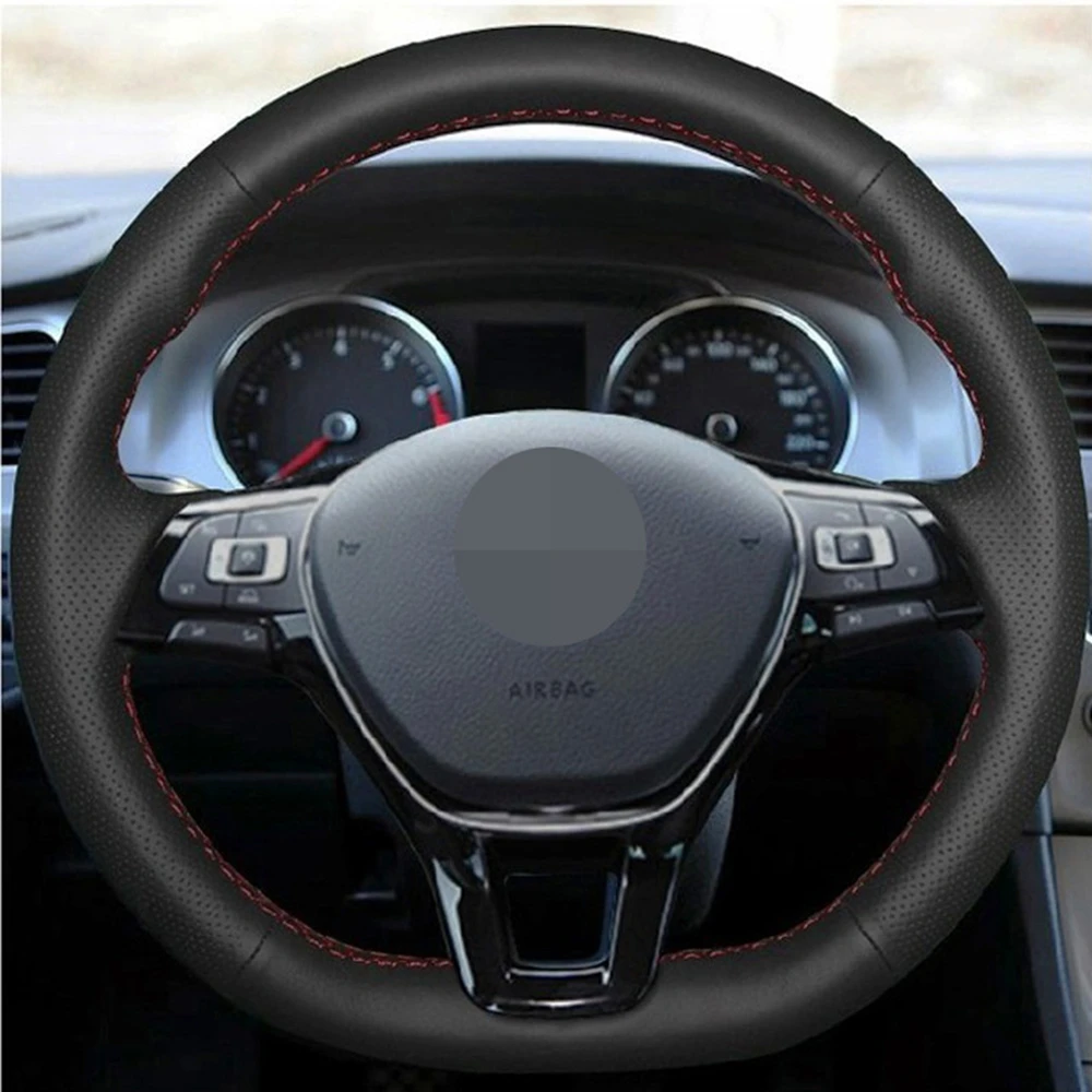 Car Steering Wheel Cover Black Genuine Leather Car Steering Wheel Cover