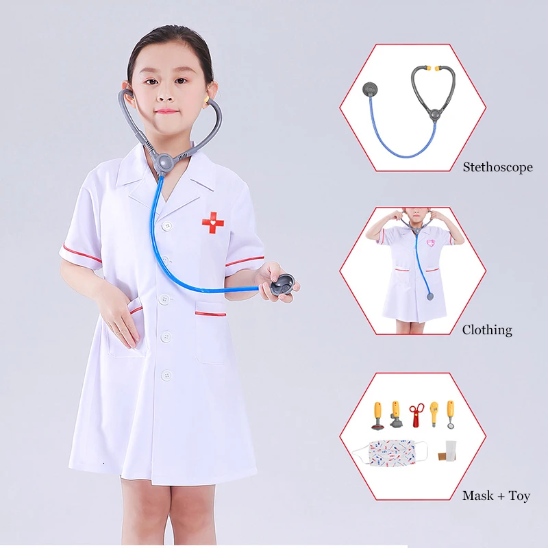 

Halloween Cosplay Kid Clothes Girl Doctor Uniform Matching Stethoscope And Toys 6T-10T Carnival Role Play Girl Prom Gown Costume
