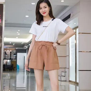 

Summer New Women Shorts Korean Style Solid Color High Waist Wide Leg Shorts With Bow Khaki W1