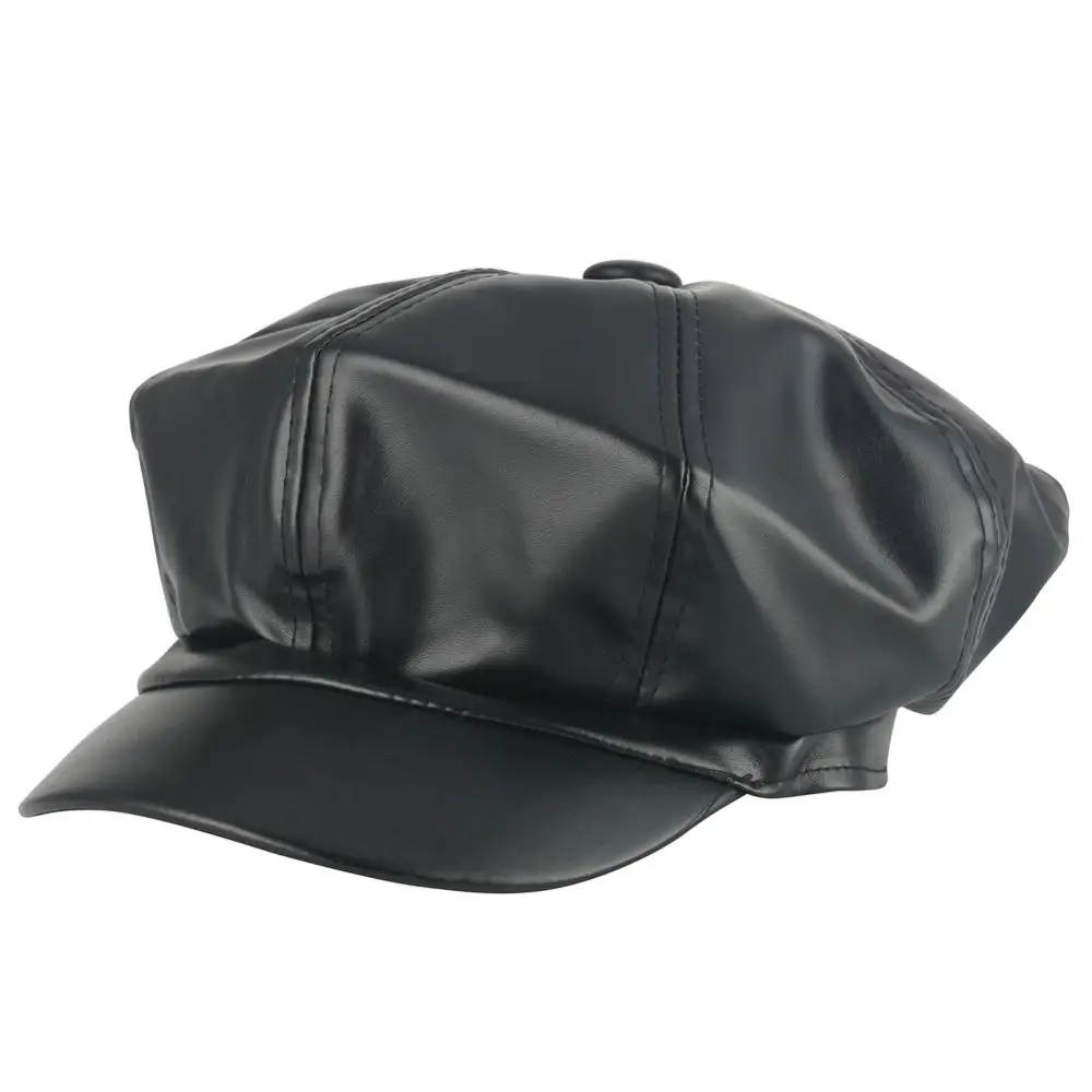 Шляпа художника газетчика, элегантные женские береты из искусственной кожи, уличная одежда, осенне-зимняя шапка, модная черная, красная, восьмиугольная шапка - Цвет: Черный