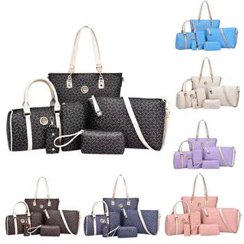 

HTNBO Hot sale Women brand Fashion Women 2020 new 6PC fashion Shoulder Bag Casual Handbag Wallet Key Bag Clutch Leather Zipper$D