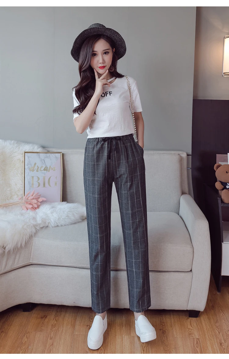 Plaid Pants Women Student Pants Fashion Younger Korean style Cropped Jeans Popular Harem Pants Loose Slim Casual Ninth pants