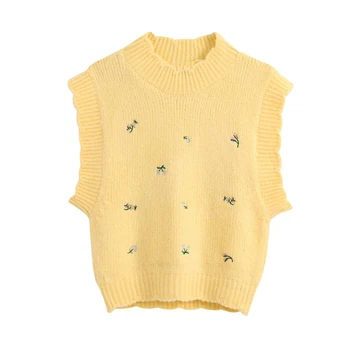

Women yellow knitted vest waistcoat floral embroidery sleeveless stretchy pullover female cute chic tops mujer