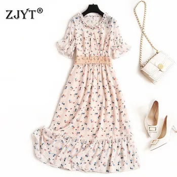 

2020 New Arrival Summer Dresses for Women High Quality Short Sleeves Elegant Floral Print Casual Chiffon Dresses