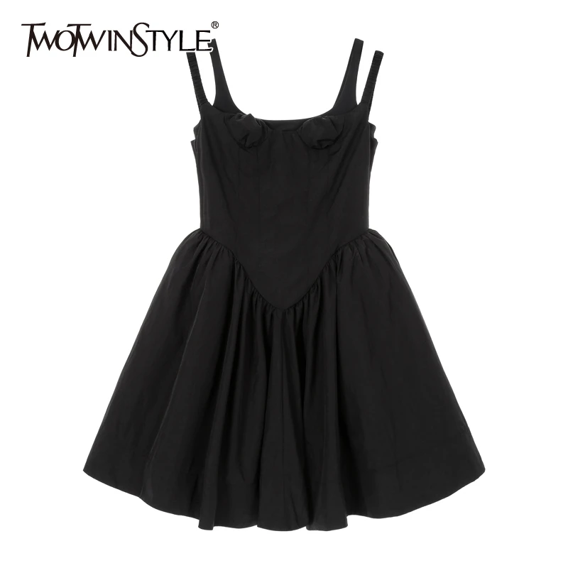 TWOTWINSTYLE Vintage Evening Party Dress Women Square Collar Sleeveless Spaghetti Strap High Waist Ruched Mini Dresses Female TWOTWINSTYLE Vintage Evening Party Dress Women Square Collar Sleeveless Spaghetti Strap High Waist Ruched Mini Dresses Female