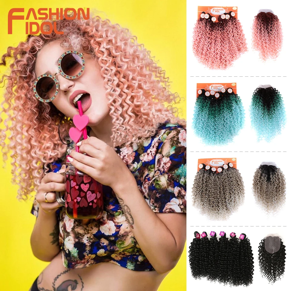 Afro Kinky Curly Hair Synthetic Hair Bundles Middle Part Lace With Closure 16-20 inch Weave Fake Extensions hair extensions