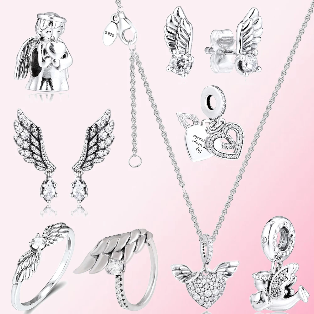 

100% 925 Sterling Silver Angel of Love Charm Heart & Angel Wings Charm Dangling Angel Wing Earrings Ring Necklace Bead Pendant