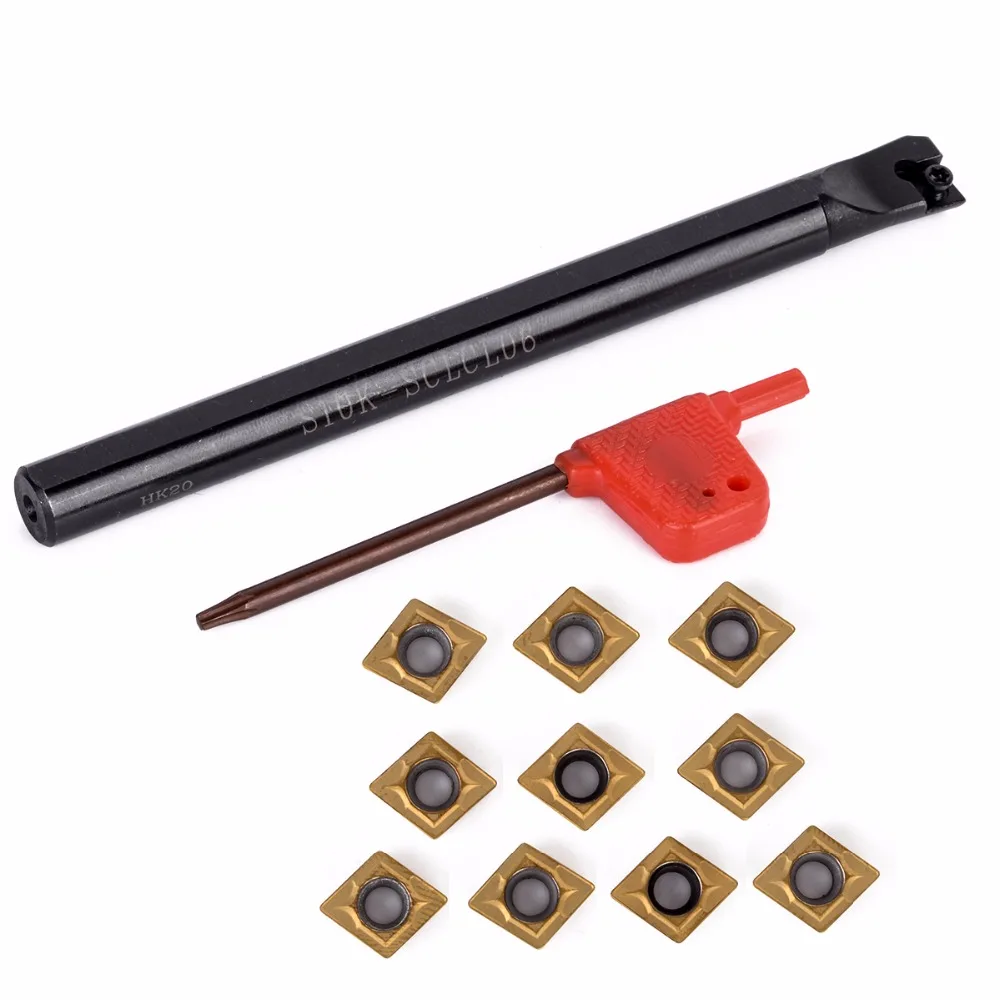 

10Pcs CCMT060204 Carbide Inserts + S10K-SCLCL06 Holder with T8 Wrench For Lathe Turing Tool