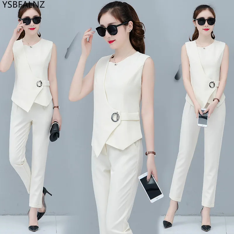 

Spring Occupation Two Piece Set Women Solid Sleeveless Square Collar Metal Ring Clothes Casual Pants Summer New Ubrania Damskie