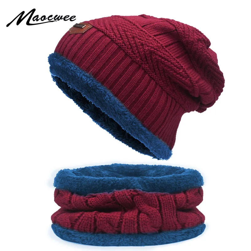 Two-piece Scarf Hat Set Women Men Beanies Knitted Skullies Hats Winter Warm Wool Crochet Caps Unisex With Natural Fashionable | Аксессуары
