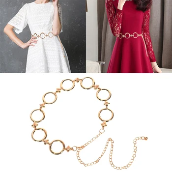 

Women Fashion Round Chain Designer Tassel Fringe Chains Belt Female Gold Waist Dress Thin Metal Belts 110cm Long