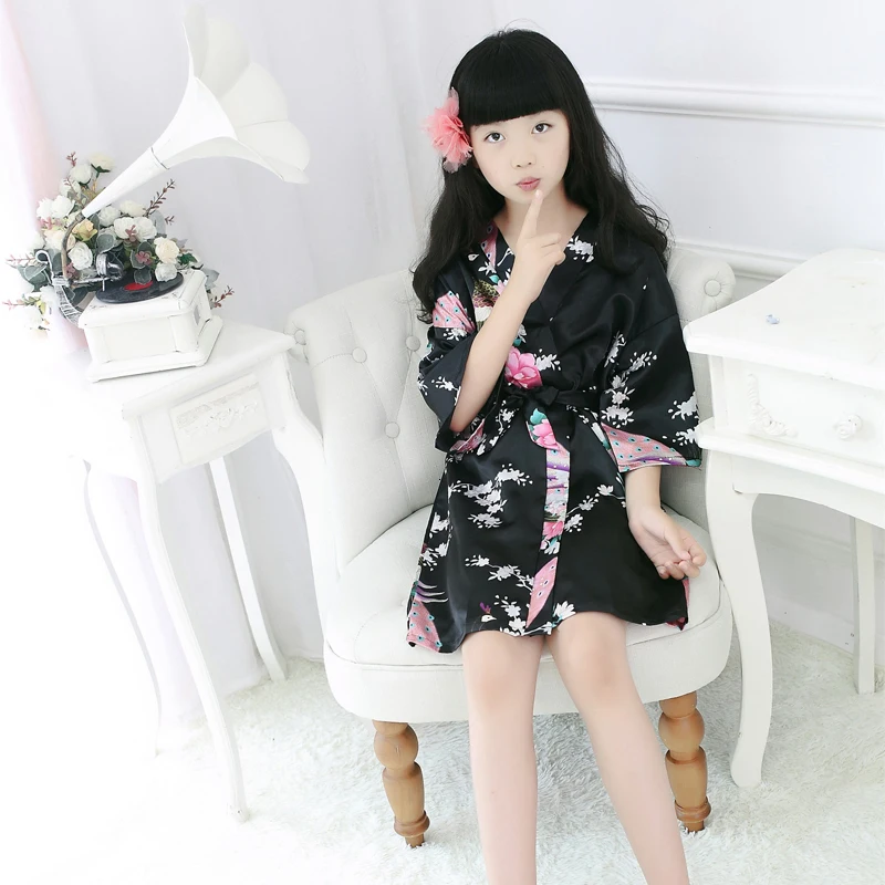 90-140 см для девочек японское кимоно юката дома, для ванны; Шелковая, сатиновая Пижама детская пижама для девочек свободные Стиль платье длинный рукав рубашки - Цвет: Black