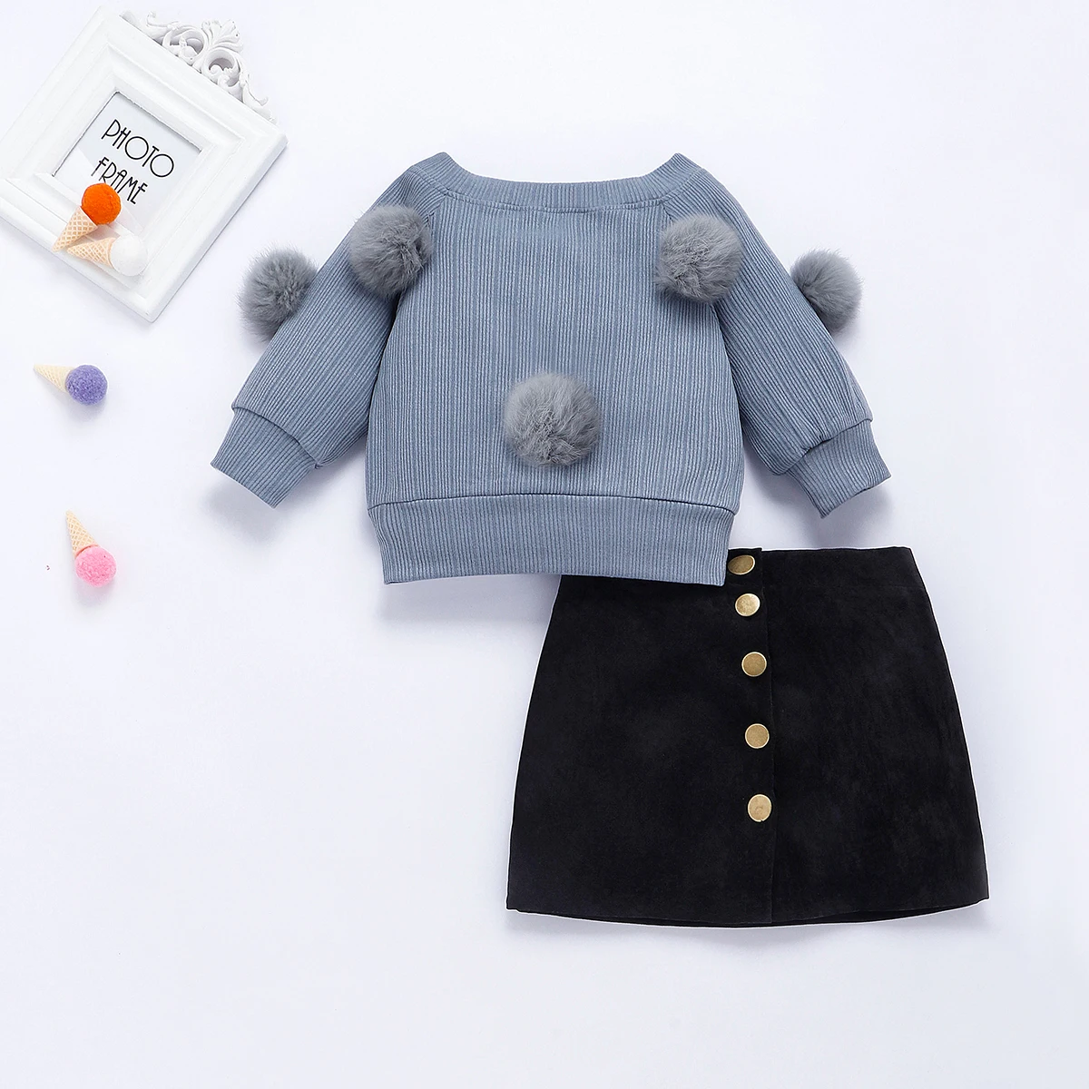 От 1 до 6 лет, модные комплекты одежды для маленьких девочек осенне-зимний вязаный свитер с длинными рукавами и помпонами мини-юбки, набор одежды для детей