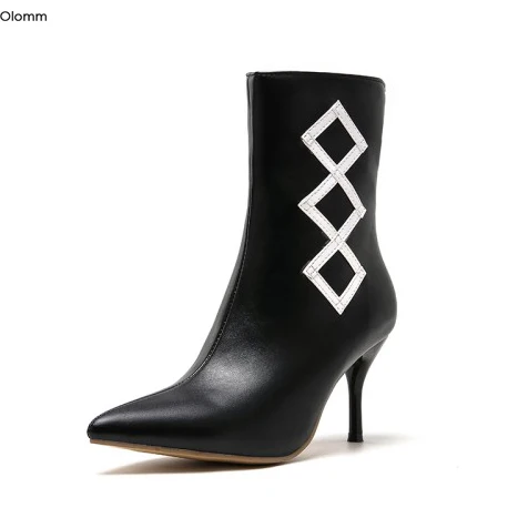

Olomm New Fashion Women Ankle Boots Sexy Thin High Heels Boots Nice Pointed Toe Black White Dress Shoes Women Plus US Size 5-15