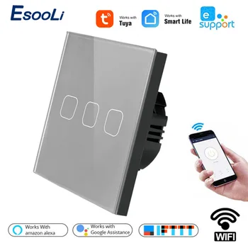 

Esooli Crystal Glass Panel WIFI Smart Touch Switch 3 Gang APP Wireless Remote Light Wall Switch Works With Alexa / Google Home