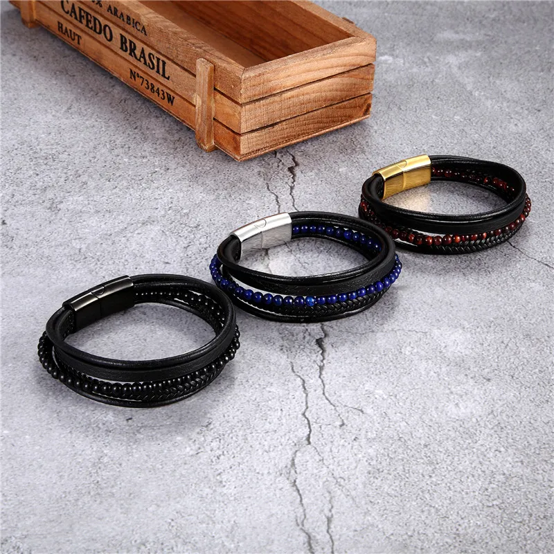 MKENDN Fashion Male Jewelry Braided Leather Bracelet Red Tiger Eye Beads Bracelet Black Stainless Steel Magnetic Clasps Men Wris