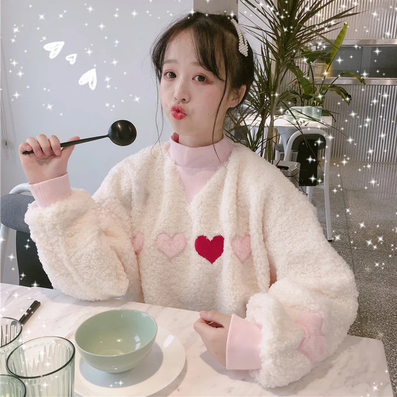 Женская толстовка Kawaii Harajuku мода, любовь, сердце вышивка с длинными рукавами Свободный пуловер Повседневная Женская толстовка