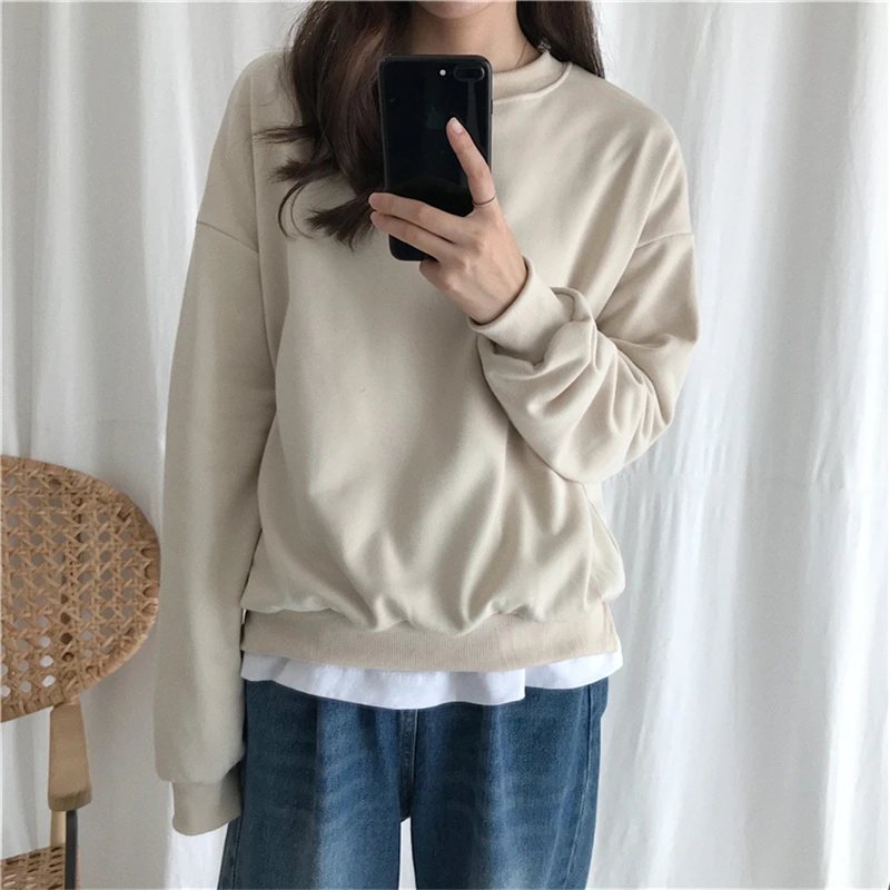 Cena BGTEEVER jednolity kolor pełna rękaw kobiet bluza podstawowe luźne kobiety dres kobiet bluzy luźne swetry bluza 2019