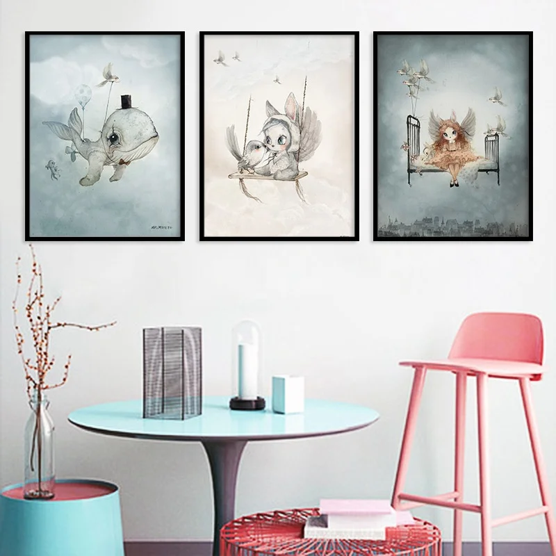 

Home Decor Nordic Canvas Painting Wall Art Poster Rabbit Girls Picture Cartoon Watercolour Posters Prints For Kid Bedroom Decor