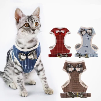 

Cat Vest Leash Adjustable Plaid Dog Chest Strap Puppy Breathable Cute Belt Collar Leash Rope Bow Tie for Small Dog Cat Harness