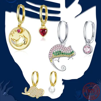 

BISAER Zirconia Drop Earrings for Women 100% 925 Sterling Silver Tropical Animal Chameleons Rhinoceros Elephant Nobel Jewelry