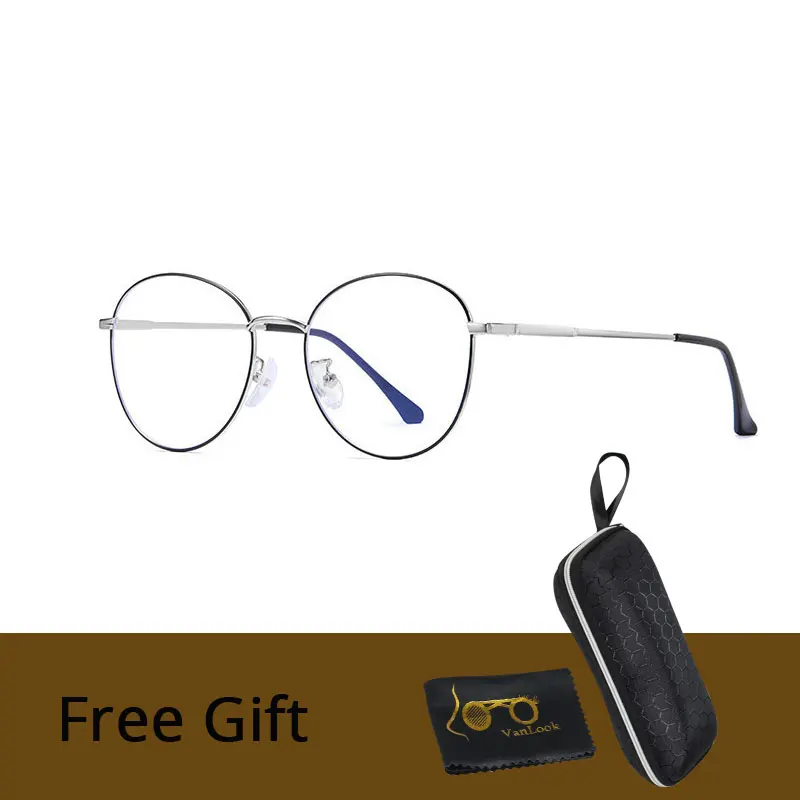 Black Silver VANLOOK Computer Glasses Round Anti Blue Ray Light Blocking Fashion Metal Eyeglasses Frame Men Women Clear Lens Anti Radiation - Цвет оправы: Black Silver